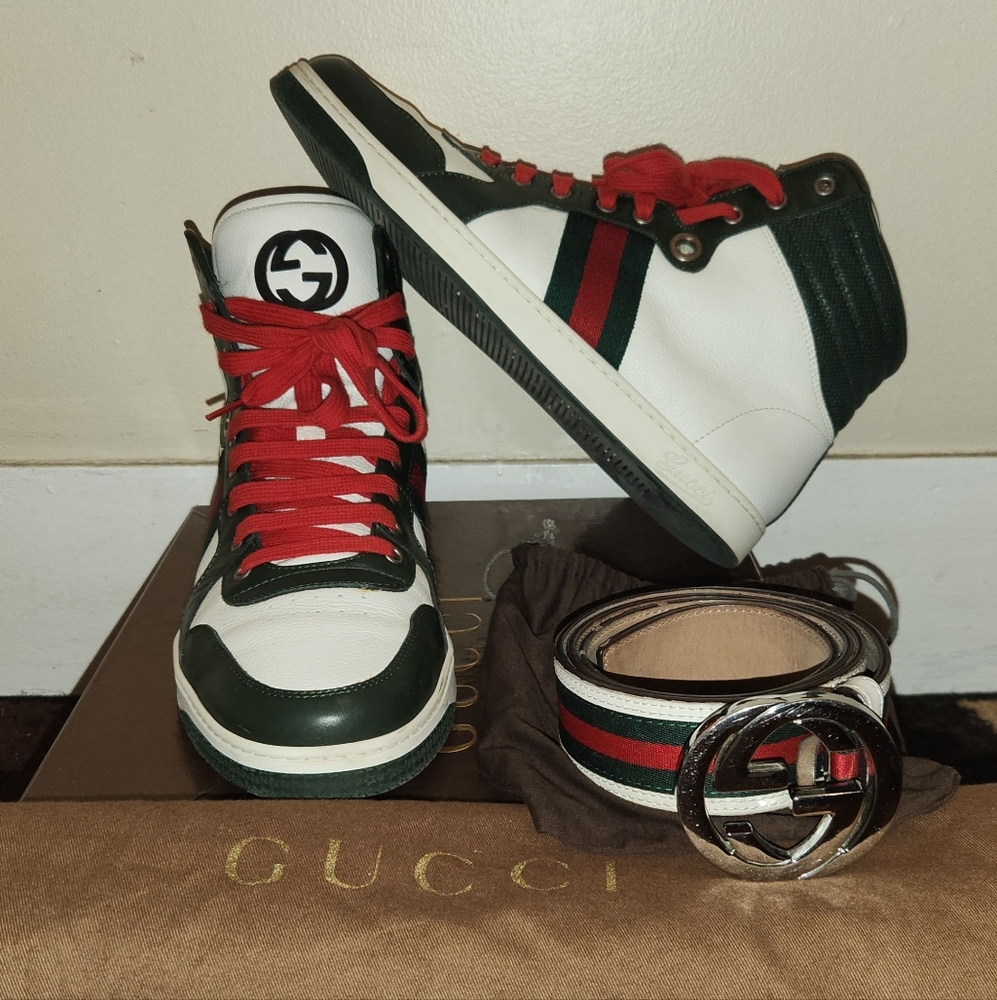 Gucci Hi-top leather sneakers with matching belt set. Size 100/40
